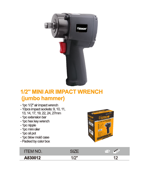 Mini llave de impacto de aire comprimido con cambio de una sola mano 1/2 pulgadas Tecpo con martillo jumbo 650 Nm